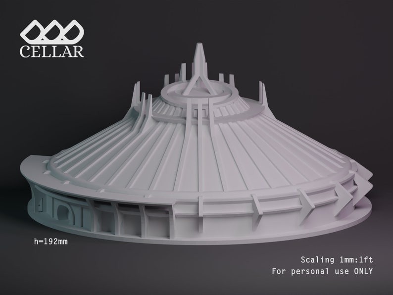 K&ouml;nnte beinhalten: Ein wei&szlig;es 3D-gedrucktes Modell eines futuristischen Geb&auml;udes mit einem Kuppeldach und einem zentralen Turm. Das Modell ist 192 mm hoch und im Ma&szlig;stab 1 mm:1 Fu&szlig;. Das Modell ist nur f&uuml;r den pers&ouml;nlichen Gebrauch bestimmt.