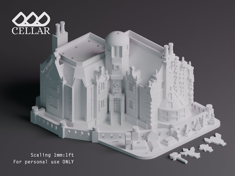 K&ouml;nnte beinhalten: Ein wei&szlig;es 3D-gedrucktes Modell eines Spukhauses mit einem Turm, T&uuml;rmchen und einem Zaun. Das Modell ist im Ma&szlig;stab 1 mm:1 Fu&szlig; gehalten und nur f&uuml;r den pers&ouml;nlichen Gebrauch bestimmt. Das Modell ist aus wei&szlig;em Kunststoff gedruckt und hat eine glatte Oberfl&auml;che.