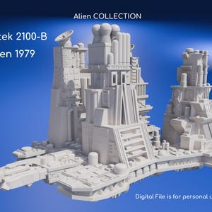 Puede incluir: Un modelo 3D gris claro de una compleja estructura de nave espacial industrial con las etiquetas Alien COLLECTION, Tesotek 2100-B, Alien 1979 y Digital File is for personal use ONLY. El modelo presenta torres geométricas intrincadas, tuberías y una antena.