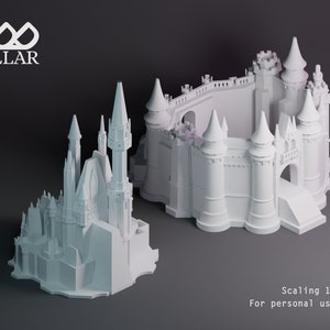 K&ouml;nnte beinhalten: Ein wei&szlig;es 3D-gedrucktes Modell einer Burg mit einem separaten Abschnitt f&uuml;r die Basis. Das Modell ist im Ma&szlig;stab 1 mm:1 Fu&szlig;. Der Text "Scaling 1mm:1ft" und "For personal use ONLY" ist unter dem Modell gedruckt.