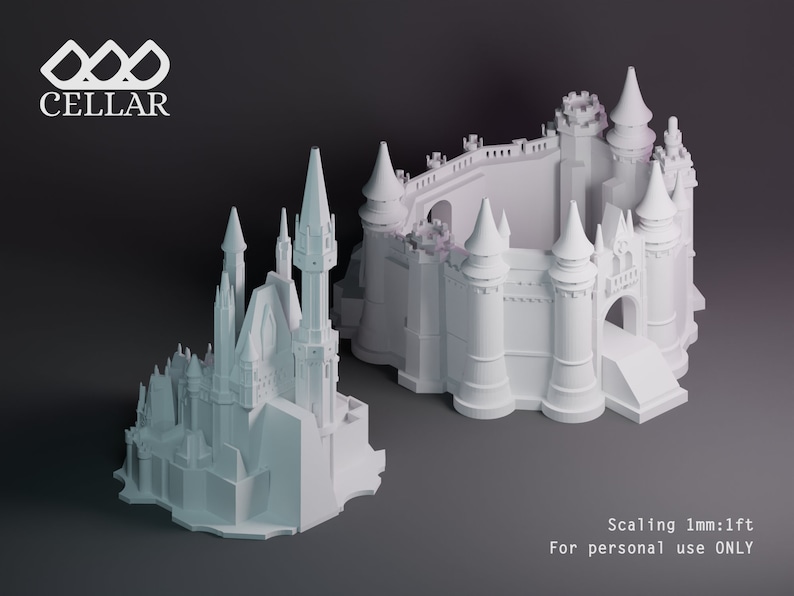 K&ouml;nnte beinhalten: Ein wei&szlig;es 3D-gedrucktes Modell einer Burg mit einem separaten Abschnitt f&uuml;r die Basis. Das Modell ist im Ma&szlig;stab 1 mm:1 Fu&szlig;. Der Text "Scaling 1mm:1ft" und "For personal use ONLY" ist unter dem Modell gedruckt.