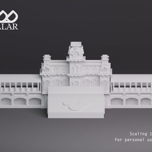 K&ouml;nnte beinhalten: Ein wei&szlig;es 3D-gedrucktes Modell eines Geb&auml;udes mit einem Uhrturm und zwei Fl&uuml;geln. Das Geb&auml;ude ist 6,5 Zoll hoch und hat eine detaillierte Fassade. Das Modell ist im Ma&szlig;stab 1 mm:1 Fu&szlig; und nur f&uuml;r den pers&ouml;nlichen Gebrauch bestimmt.