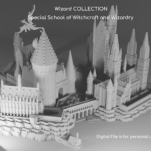 Peut inclure: Modèle 3D en niveaux de gris d'un château avec de multiples tours, flèches et ponts en arc. Le texte "Wizard COLLECTION Special School of Witchcraft and Wizardry" est affiché. L'image comprend également le texte "Digital File is for personal use ONLY".