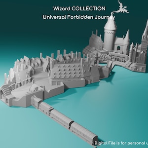 May include: A 3D model of a castle and train, with the text "Wizard COLLECTION Universal Forbidden Journey." The model is a light gray color and sits on a teal background. A dragon figure is on top of the castle.