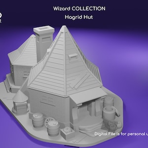 May include: A 3D model of Hagrid's Hut from the Wizard Collection. The hut features a detailed design with a sloped roof, chimney, and various exterior elements like barrels and a well. The model is rendered in a neutral color against a purple background.