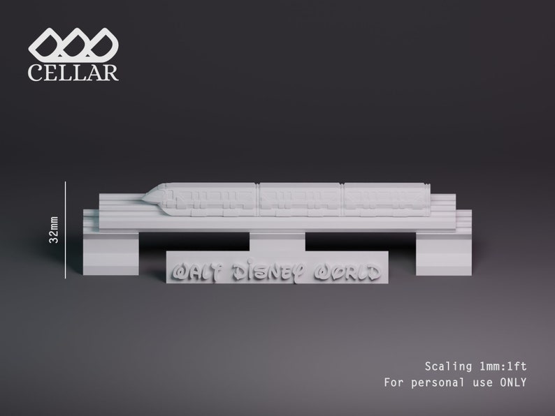 K&ouml;nnte beinhalten: Wei&szlig;es 3D-gedrucktes Modell eines Walt Disney World Monorail-Zuges, 32 mm hoch, mit den Worten "Walt Disney World" auf der Basis. Die Skalierung betr&auml;gt 1 mm:1 Fu&szlig;.