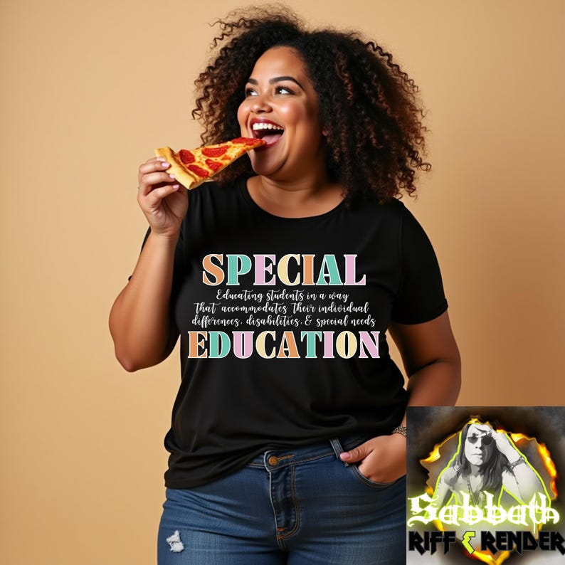 K&ouml;nnte beinhalten: Ein schwarzes T-Shirt mit dem Text "SPECIAL EDUCATION" in bunten Buchstaben. Der Text lautet: "Sch&uuml;ler in einer Weise zu unterrichten, die ihren individuellen Unterschieden, Behinderungen und besonderen Bed&uuml;rfnissen Rechnung tr&auml;gt."