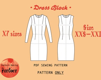Bloco de vestido com mangas | x7 tamanhos xxS - xxL | Projeto DIY de costura versátil com tecido ajustado | Download digital instantâneo em PDF | Somente padrão