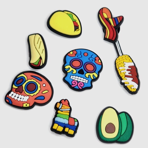 Fiesta Charms for Crocs | Cultural Food Charm for Clogs | Elote Taco Burrito Avocado Accessories For Shoes | Multicolored Skull Croc Charm