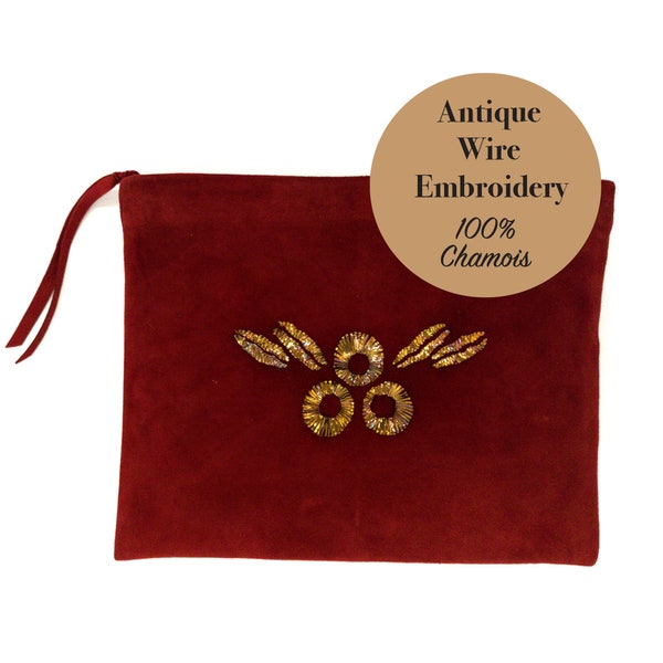 Chamois Suede Clutch, Evening Bag With Antique Wire Hand Embroidery