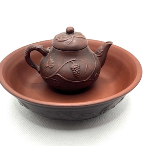 Vintage Yixing Zisha Purple Clay Teapot and Bonsai Bowl: Grapes, Koi, Dragon, Deer