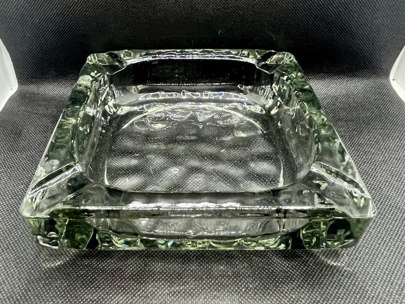 Mid century modern square clear glass ashtray pebbled or bark texture 6”, vintage glassware