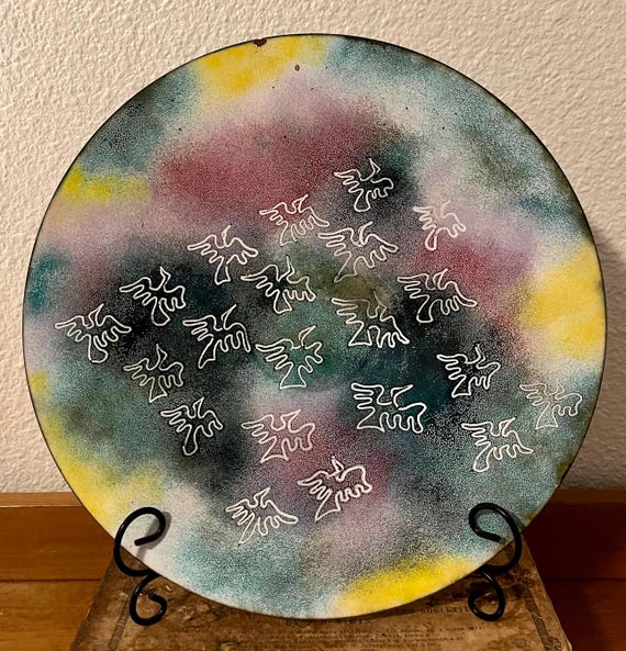 Manus Walsh Enamel On Copper Plate  Mid Century Birds in Flight  Abstract Art