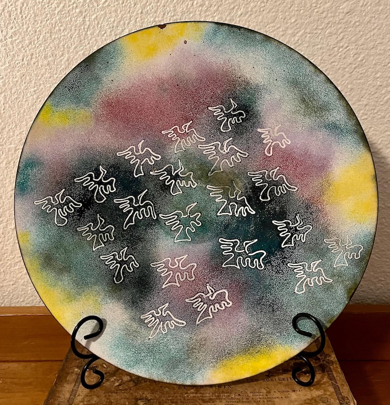 Manus Walsh Enamel On Copper Plate Mid Century Birds in Flight Abstract Art, vintage brass decor