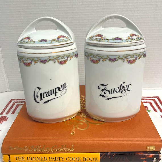 Porzellanfabrik Carl Knoll Czechoslovakia Antique Kitchen Canisters Graupen (Barley) and Zucker (Sugar) With Lids