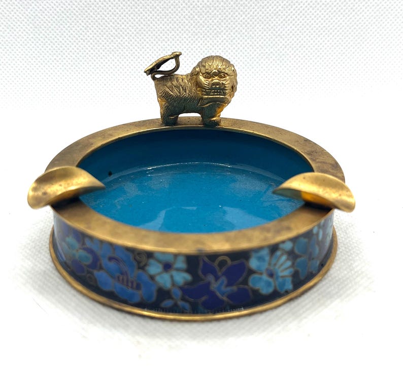 Vintage Brass & Enamel Blue Floral Cloisonné Cast Foo Dog Ashtray Trinket Dish, vintage trinket box