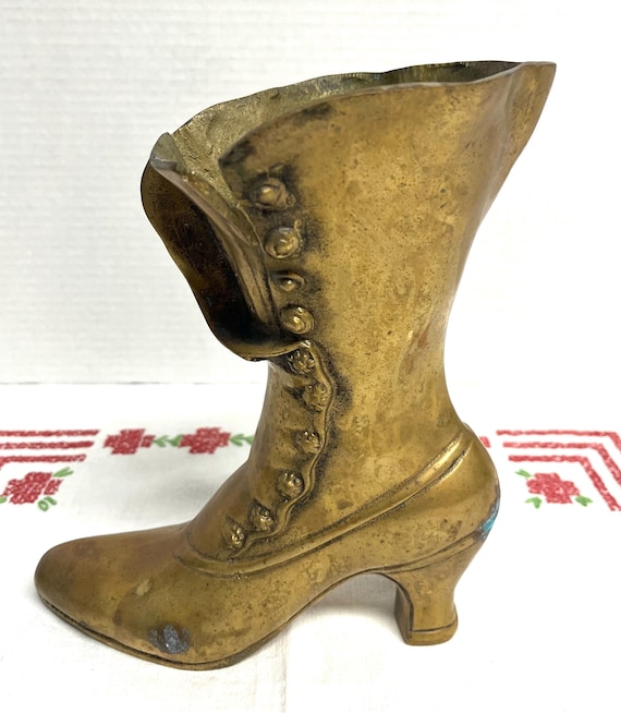 Vintage Cast Brass Victorian Ladies Boot Vase Planter Decorative Figurine