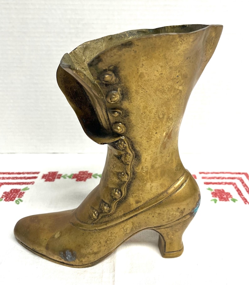 Vintage Cast Brass Victorian Ladies Boot Vase Planter Decorative Figurine, vintage figurine