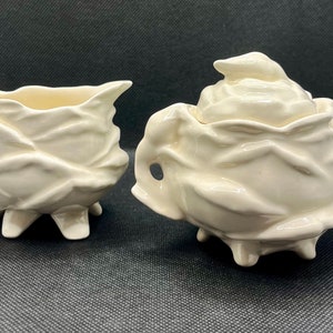 Vintage Handmade Art Pottery White  Cabbage Leaf Majolica Lidded Cream & Sugar Set Cabbage Ware