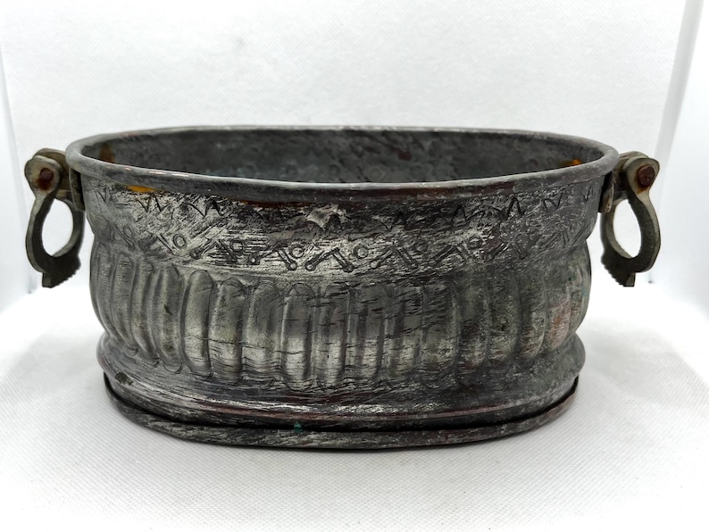 Antique Hand Crafted Egyptian Copper Planter Jardiere Bucket With Brass Handles, vintage brass decor