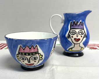 Mac Products Fine Bone China England Hand Painted Whimsical Cream & Open Sugar Set