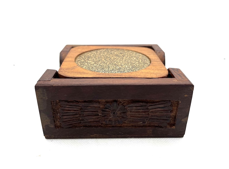 Handcrafted In India Carved Wood And Cork Coaster Set , Boho Barware, vintage barware
