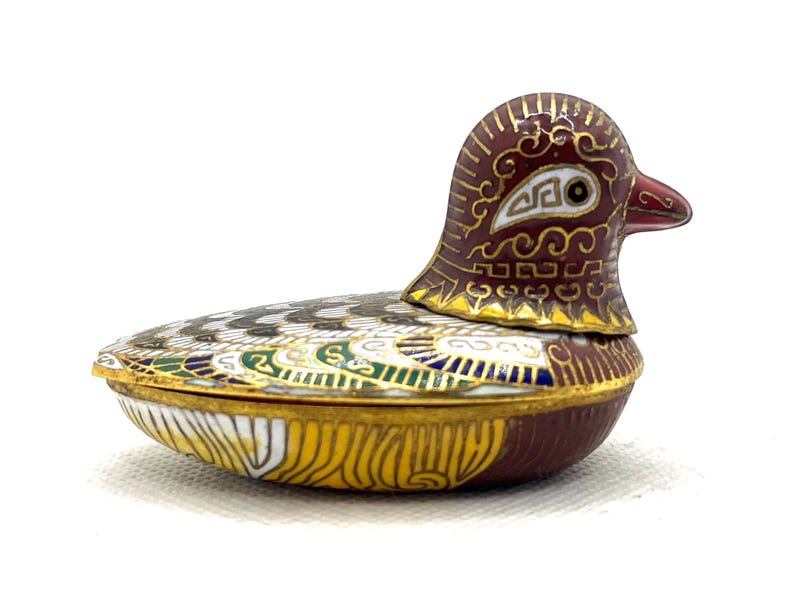 Vintage Chinese Cloisonné Enamel on Brass Duck Lidded Trinket Box, vintage trinket box