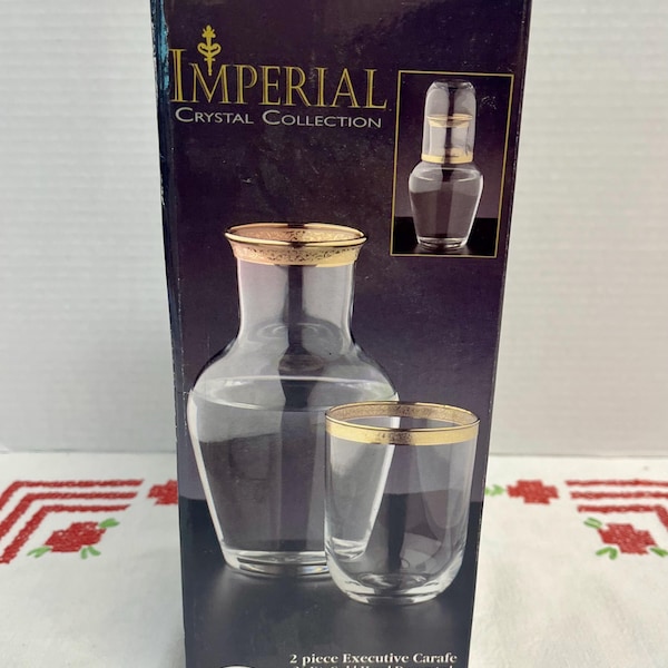 Imperial Crystal Collection Bedside Water Carafe Tumble Up 24k Gold Hand Decorated NOS