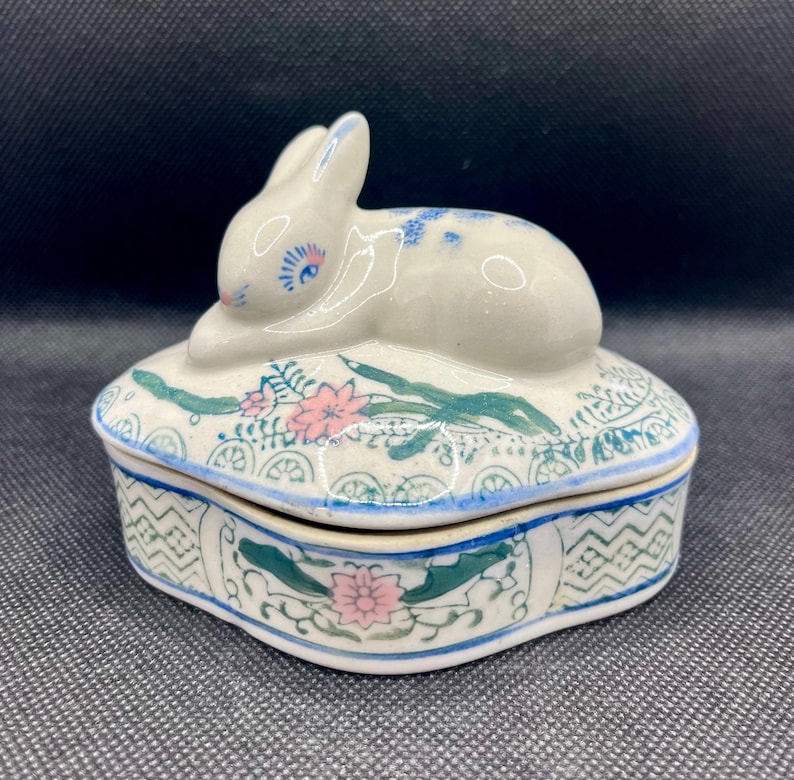 Vintage Chinese porcelain lidded bunny rabbit trinket dish hand painted florals, vintage trinket box