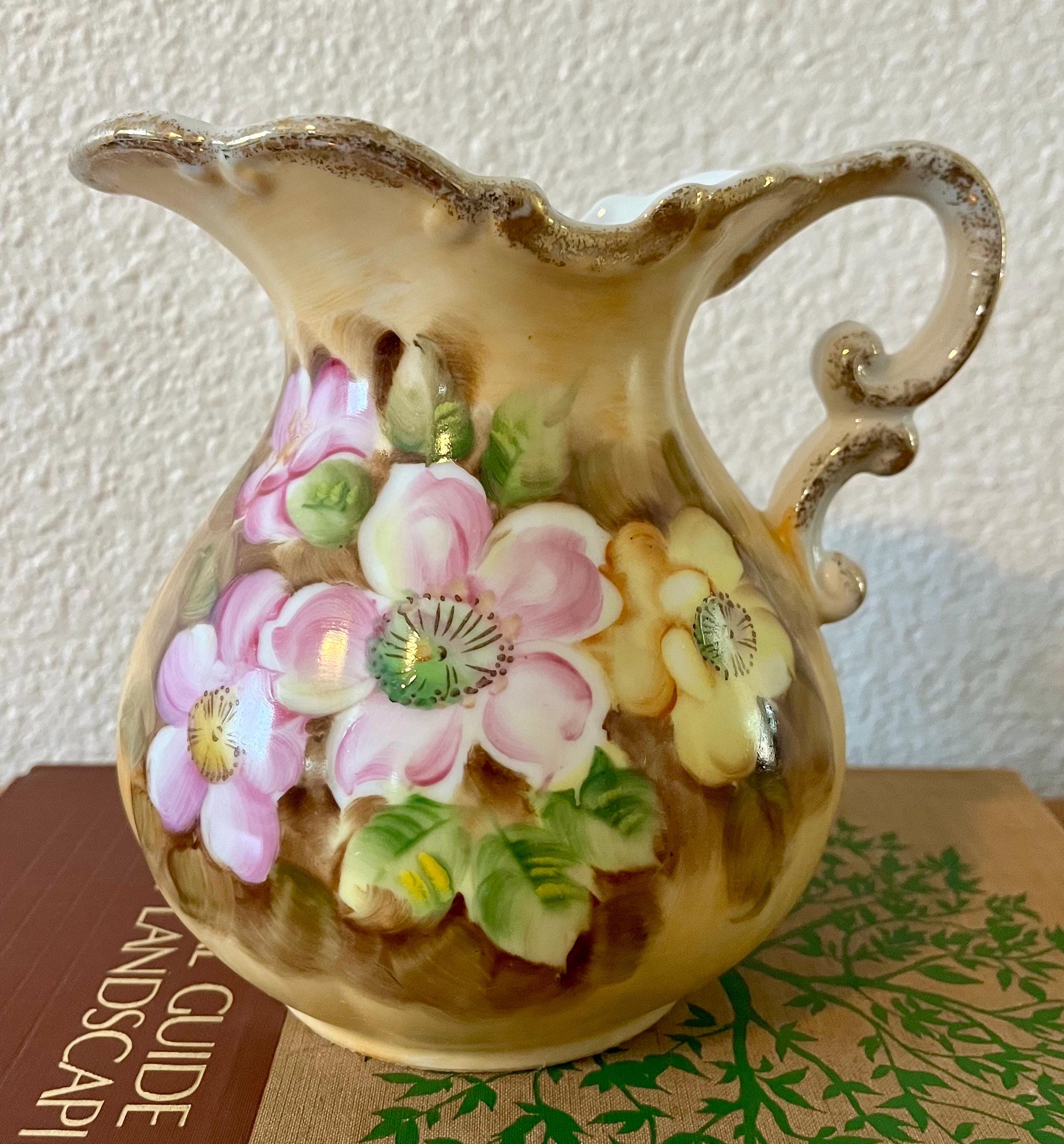 Vintage ARDCO Porcelain Pitcher Vase Hand Painted Floral, Made in