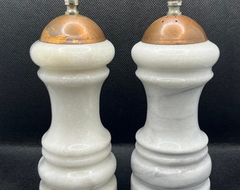 Vintage White Marble Copper Top Salt Shaker and Pepper Mill Grinder Set, Table Kitchen Decor