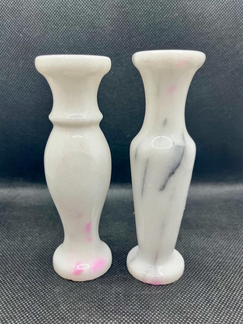 Pair of 2 vintage miniature hand carved white marble bud vases 4.5”, vintage vase