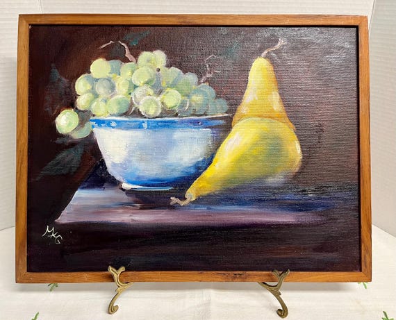 Original framed still life oil painting of green grapes yellow pears dark background signed MAG