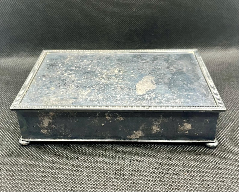 Antique Victorian Silver Plate Cigar Cigarette Box Wood Lined Humidor Tabletop Trinket Case, vintage trinket box