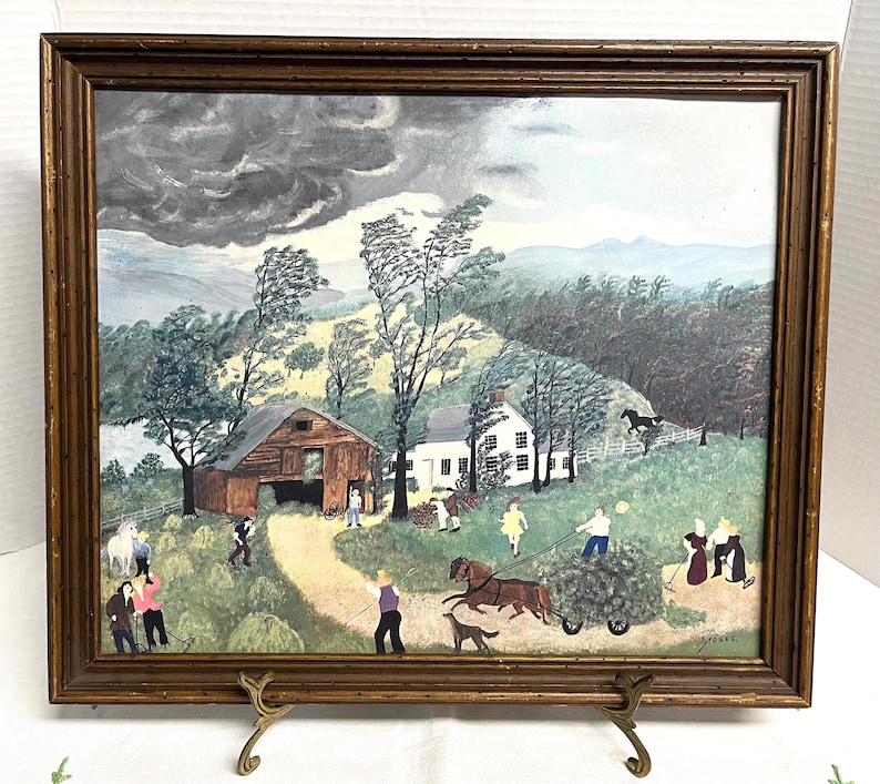 Framed vintage print of " The Thunderstorm " 1948 by American folk artist Gramdma Moses, vintage wall art from the 1940s