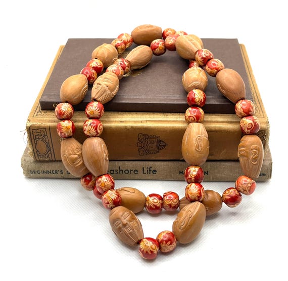 Vintage Chinese Olive Pit Hand Carved Face Bead Prayer Necklace , Hediao Asian Art