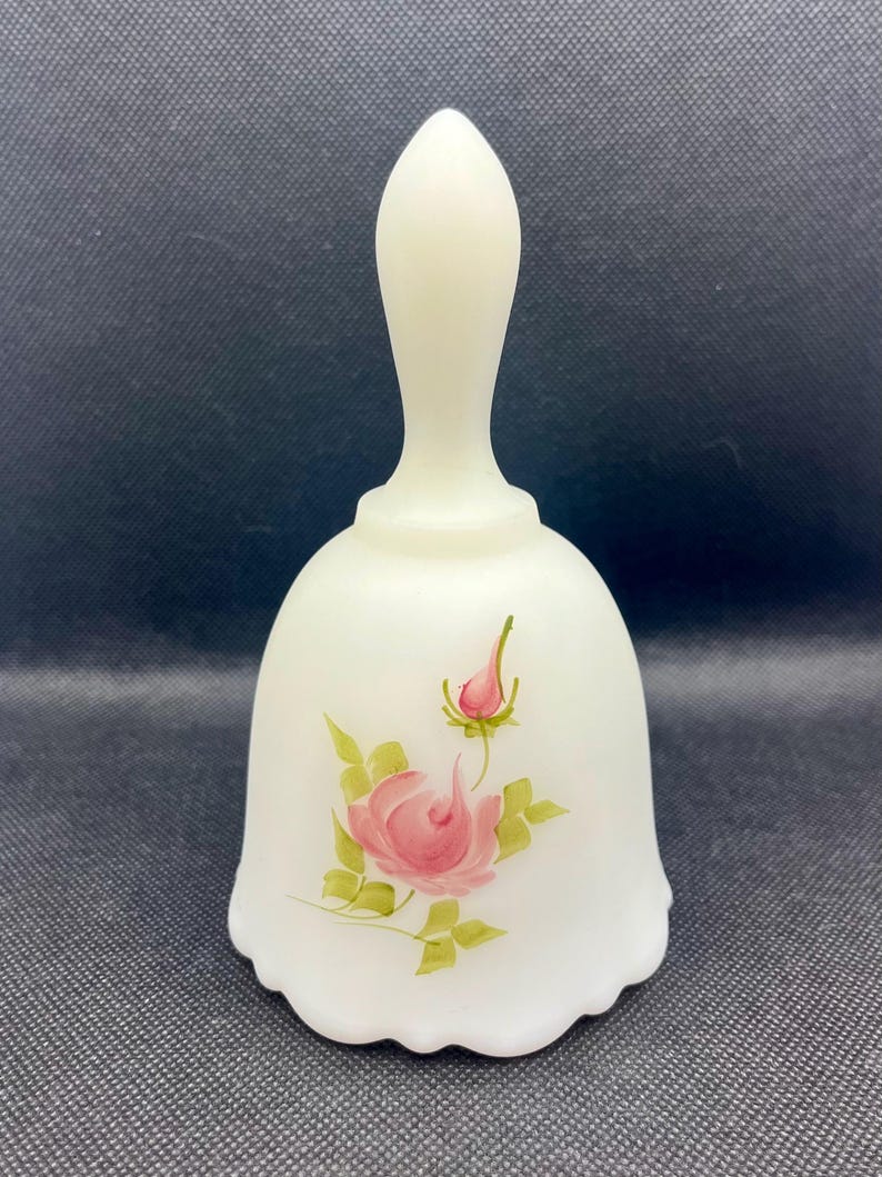 Vintage Fenton Satin Custard Art Glass Bell Hand Painted Pink Florals Signed, vintage glassware