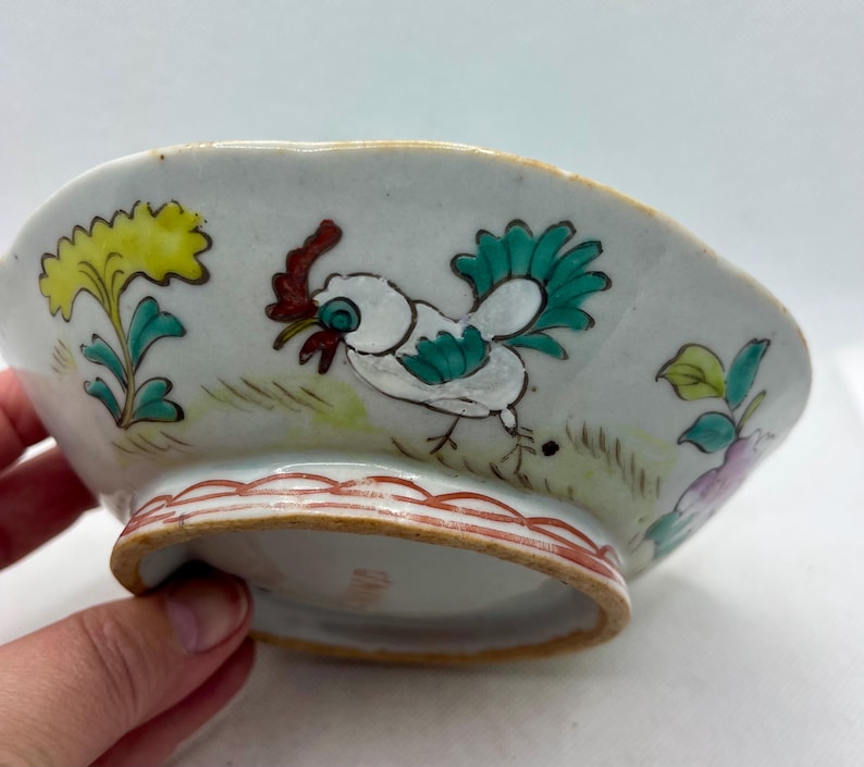 Vintage Chinese Famille Rose porcelain 6” bowl featuring a rooster design , rooster bowls, vintage serveware
