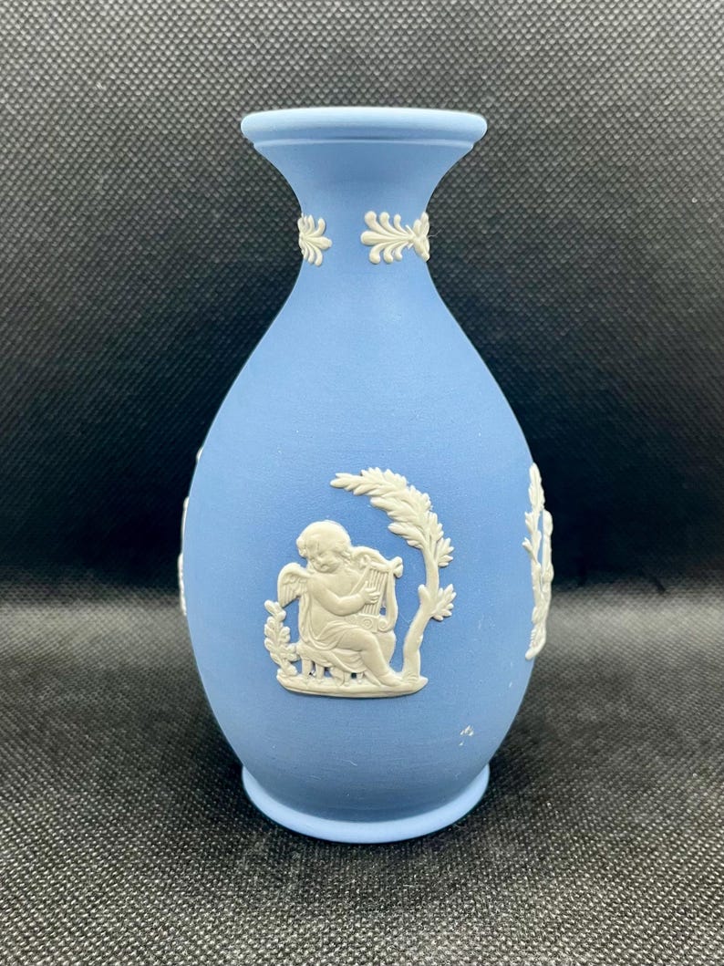 Vintage Wedgwood pale blue and white Jasperware bud vase white relief cameos, vintage vase