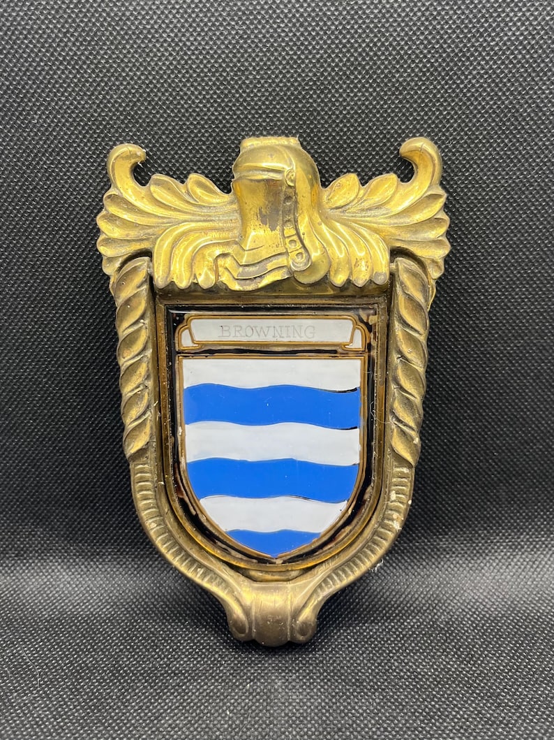 Vintage Brass Heraldic Door Knocker Shield Shaped Coat Of Arms “ Browning “ Bild 1