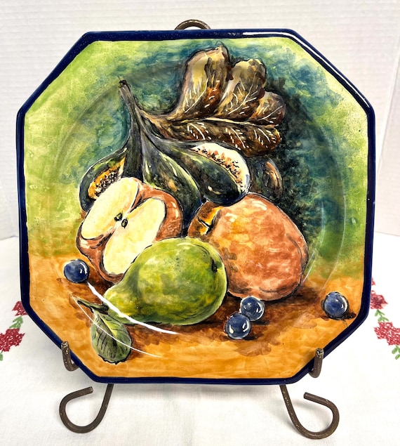 Vintage Mexican Majolica decorative pottery plate hand painted fruit still life wall hanging