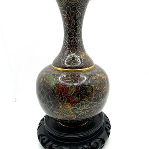 Vintage Chinese Cloisonné Enamel Moody Brown Gold Tones Vase Floral On Stand