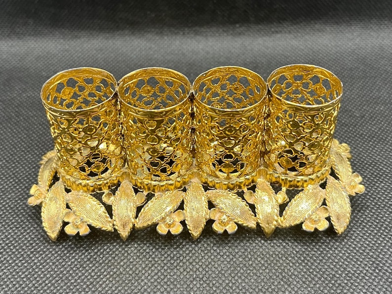 Vintage Hollywood Regency gold tone filigree 4 tube lipstick holder stand , Vanity Decor , Makeup Organizer, vintage home decor from the 1950s