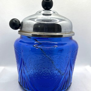 Vintage Hazel Atlas Royal Lace Cobalt Blue Punch Jar with Metal Lid