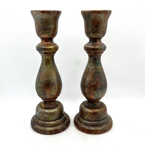Vintage Pair Of 2 Wood Wooden Candlesticks Candle Holders Beautiful Antiqued Metallic Finish 7” , Fall Autumn Holiday Decor