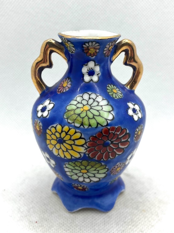 Vintage miniature Japanese porcelain vase hand-painted " Thousand Flowers "  Cobalt Blue