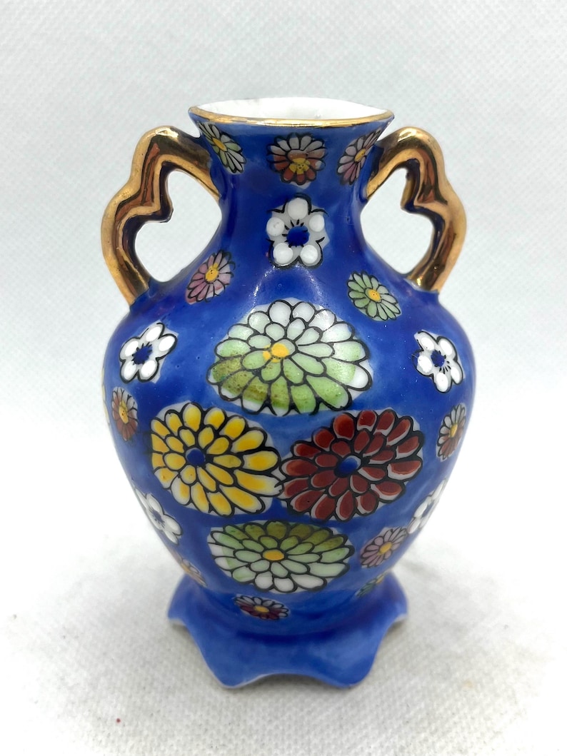 Vintage miniature Japanese porcelain vase hand-painted " Thousand Flowers " Cobalt Blue, vintage home decor from the 1940s