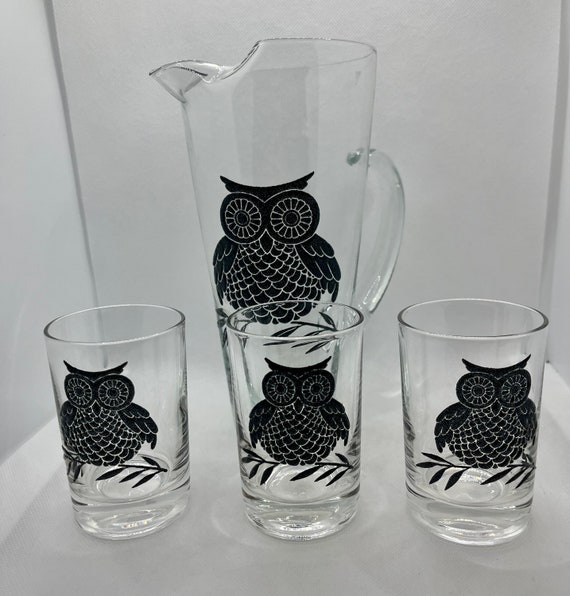 Vintage West Virginia Clear Glass Owl Cocktail Pitcher Set , Puffy Paint , MCM Barware