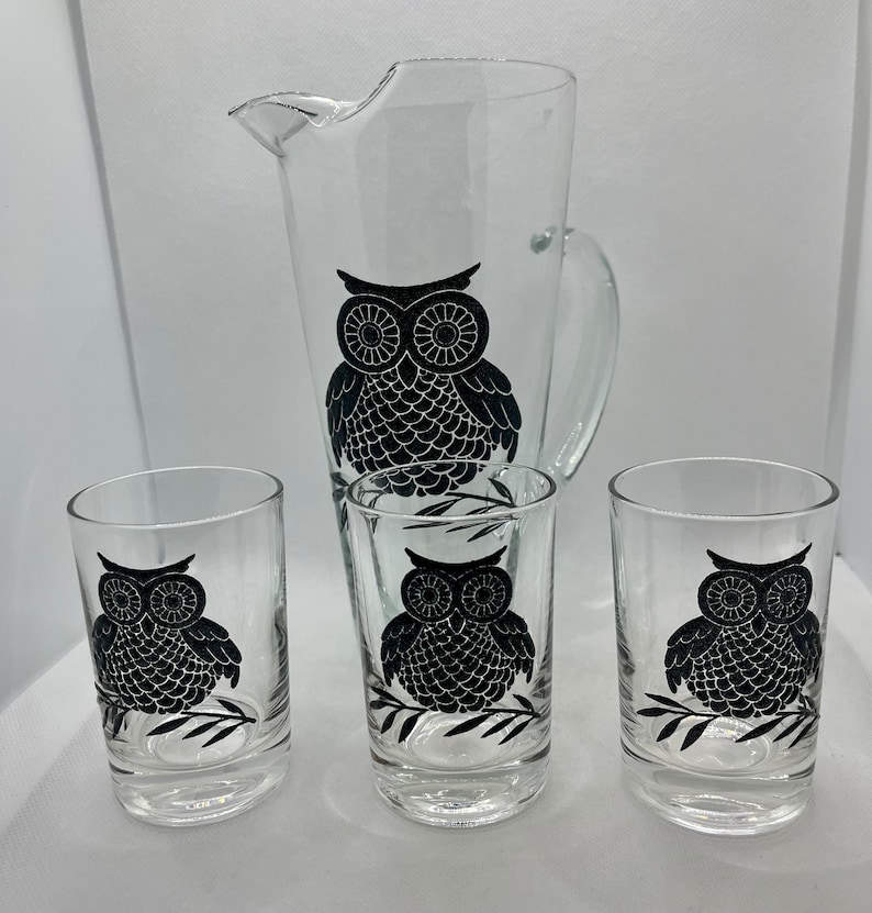 Vintage West Virginia Clear Glass Owl Cocktail Pitcher Set , Puffy Paint , MCM Barware, vintage barware