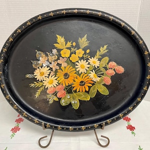 Large Antique Toleware Tray Hand Painted Maine Wildflowers 19th Century Americana Signed